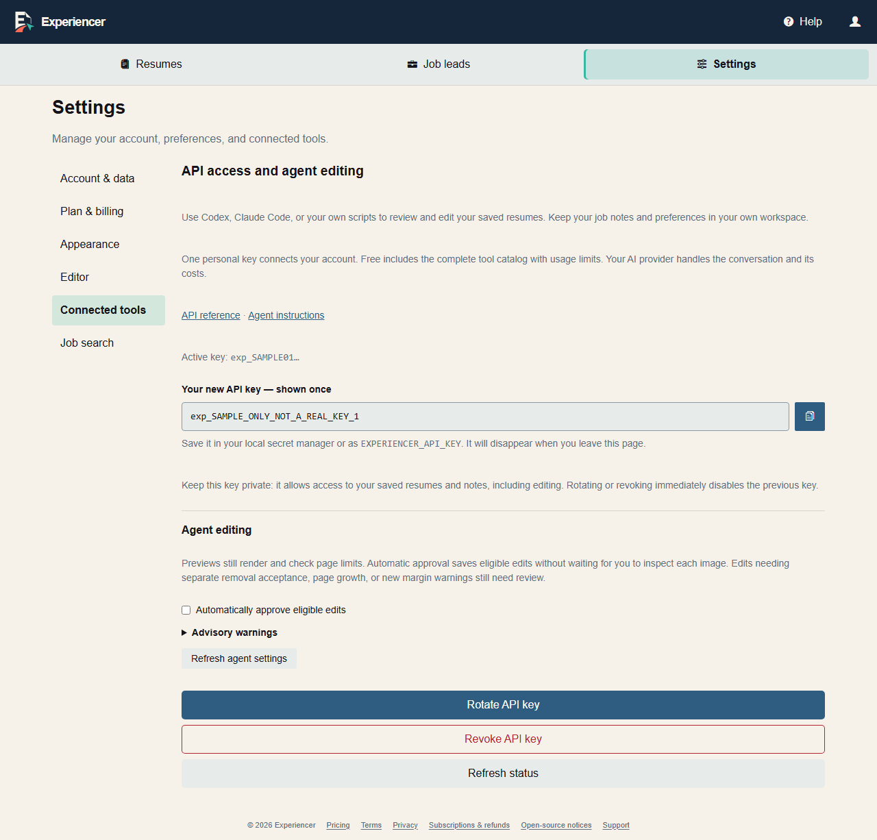 The API access and agent editing settings with a newly generated sample key