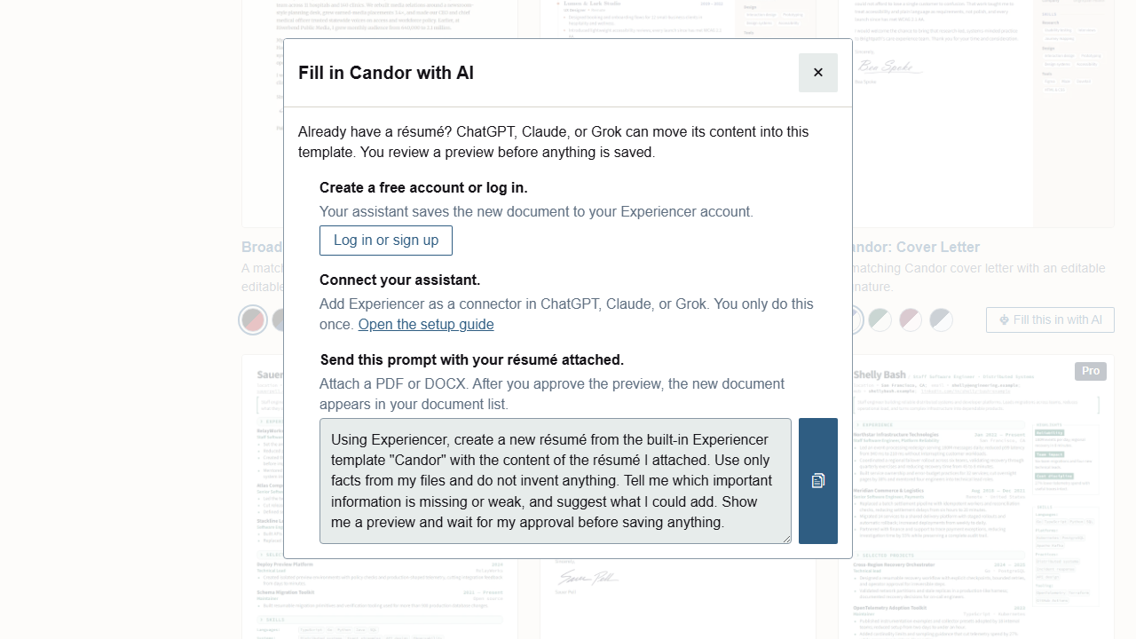 The Fill this in with AI dialog for the Candor template, with a copyable prompt